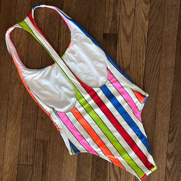 Aerie One Piece Swimsuit Neon Stripes Raceback Cheeky Size Small NWOT - Picture 4 of 5